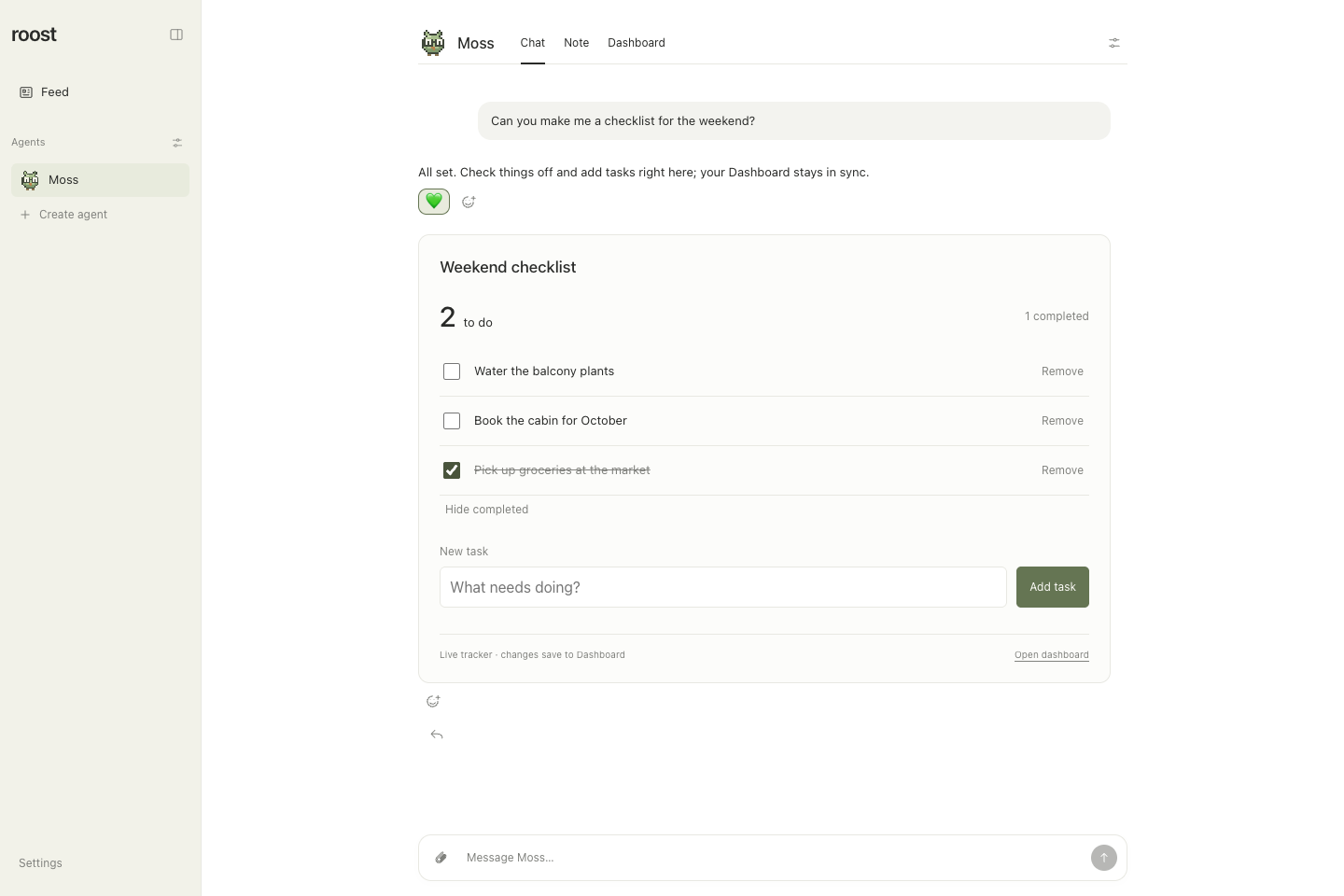 A Roost conversation with an editable weekend checklist, a completed task, and an emoji reaction.