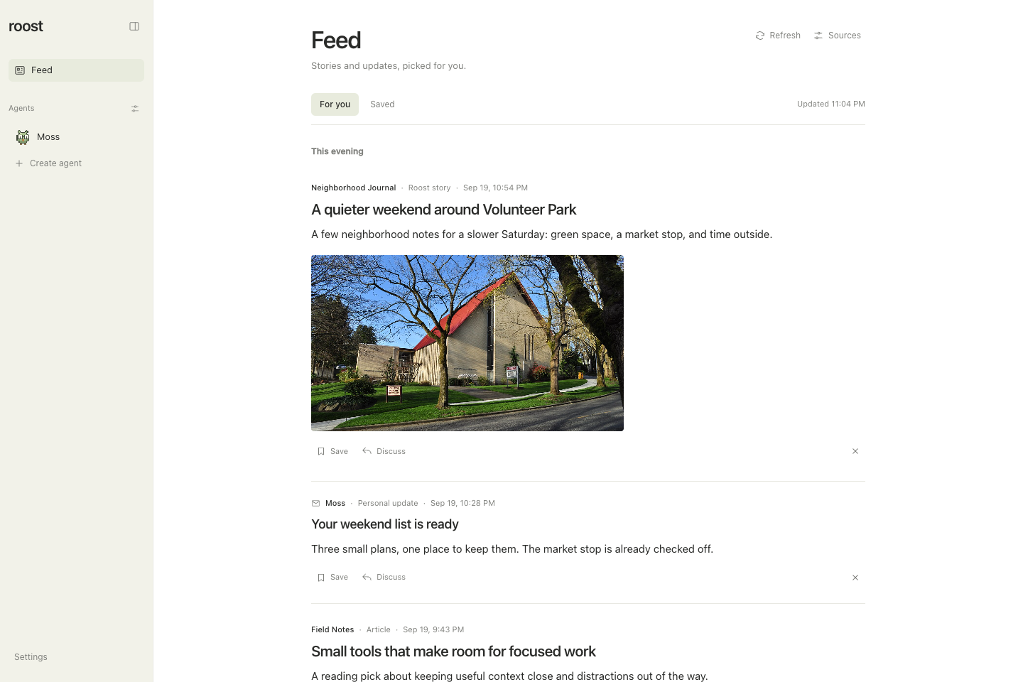 Roost’s shared Feed showing a Volunteer Park story, source attribution, and updates ordered by publication time.